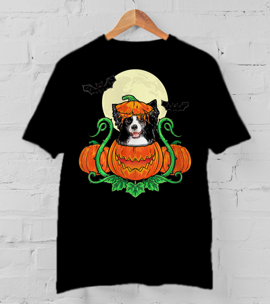 Border Collie Halloween Pumpkin Full Moon With Bats T-Shirt
