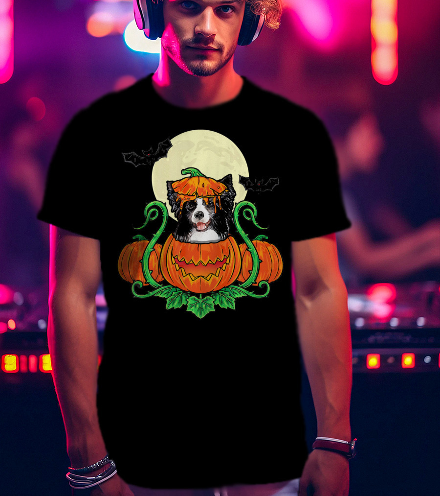 Border Collie Halloween Pumpkin Full Moon With Bats T-Shirt