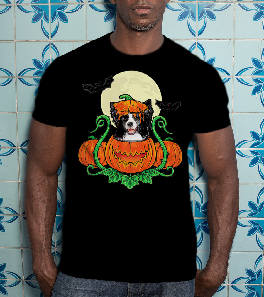 Border Collie Halloween Pumpkin Full Moon With Bats T-Shirt