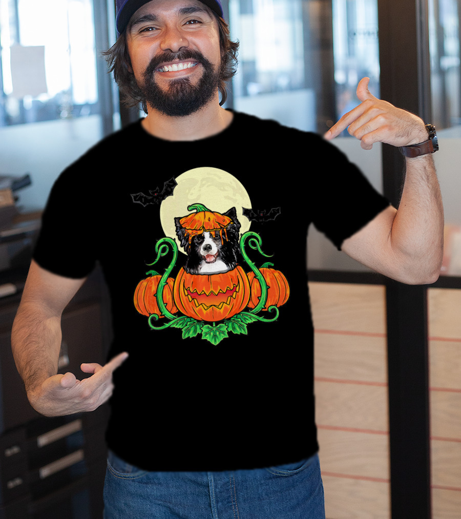 Border Collie Halloween Pumpkin Full Moon With Bats T-Shirt