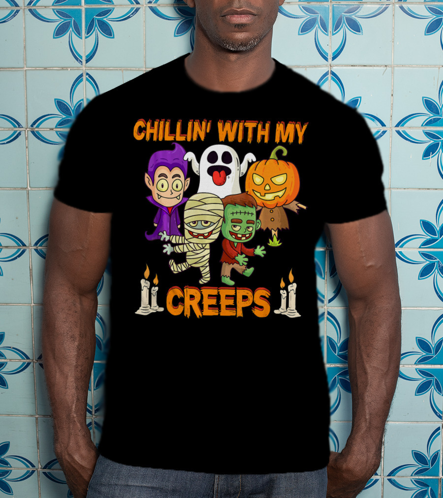 Chillin With My Creeps Ghost Mummy Frankenstein Vampire Pumpkin Candles T-Shirt