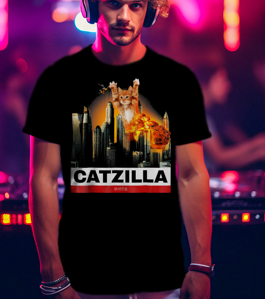 CATZILLA Funny Kitty Cat Over Cityscape Explosion T-Shirt