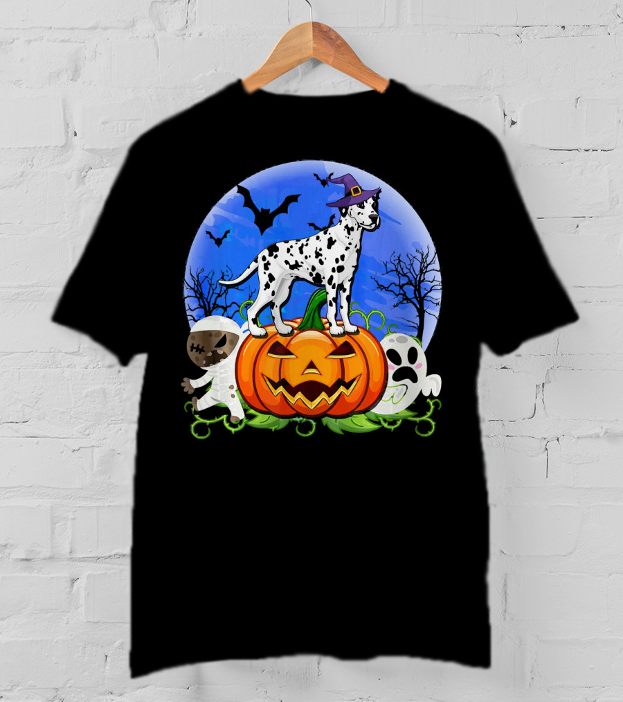 Dalmatian Pumpkin Halloween Mummy Ghost Moon Bats Trees T-Shirt