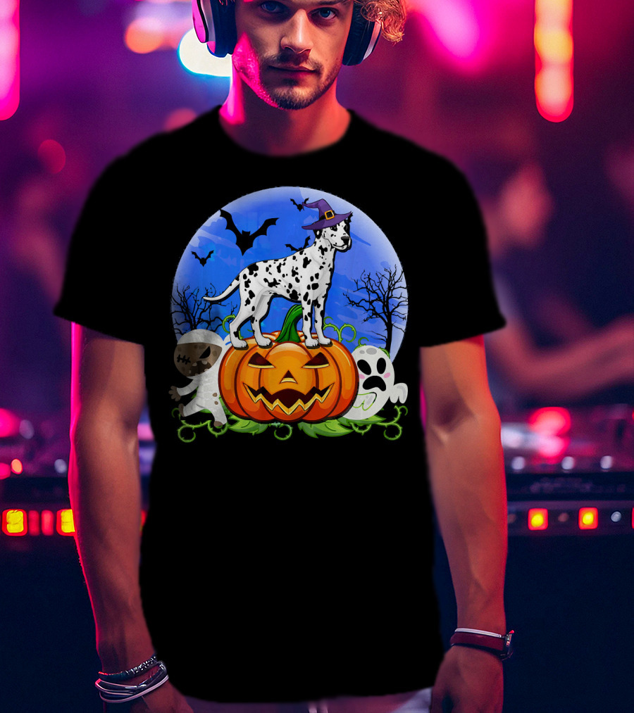 Dalmatian Pumpkin Halloween Mummy Ghost Moon Bats Trees T-Shirt