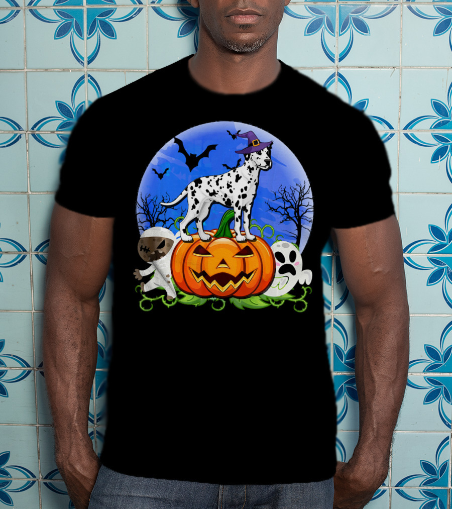Dalmatian Pumpkin Halloween Mummy Ghost Moon Bats Trees T-Shirt