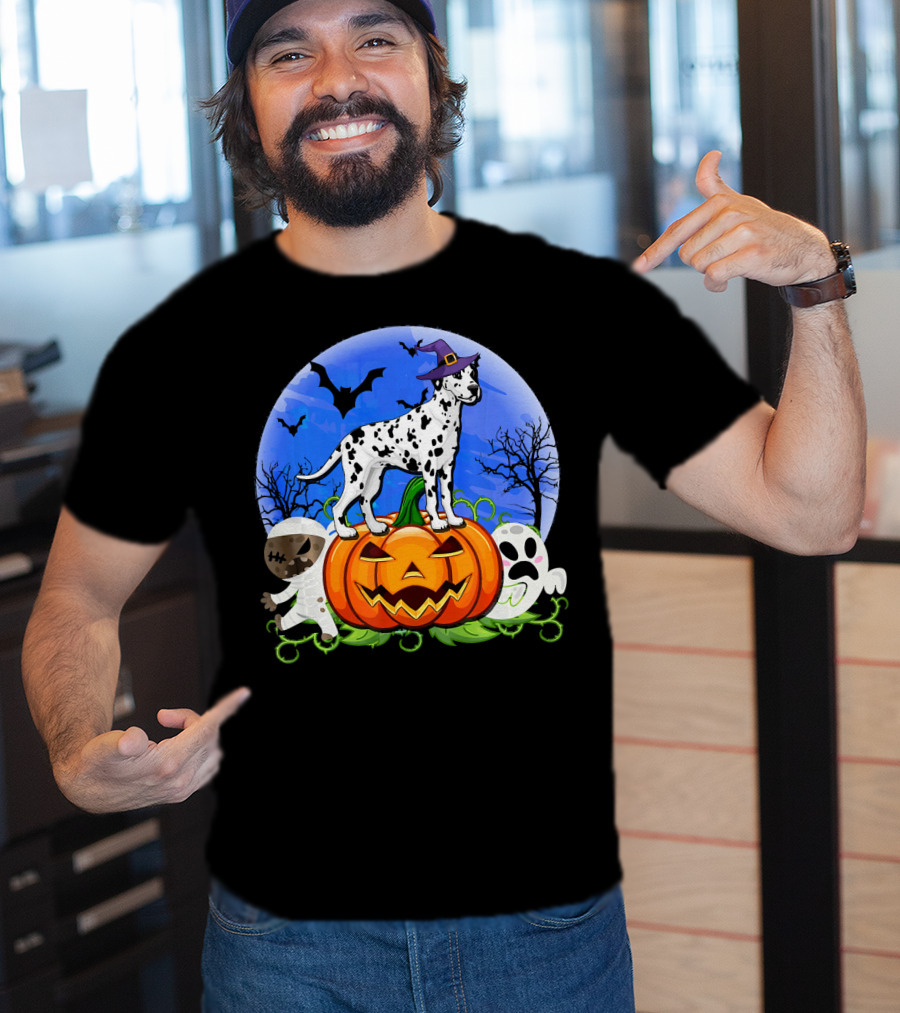 Dalmatian Pumpkin Halloween Mummy Ghost Moon Bats Trees T-Shirt