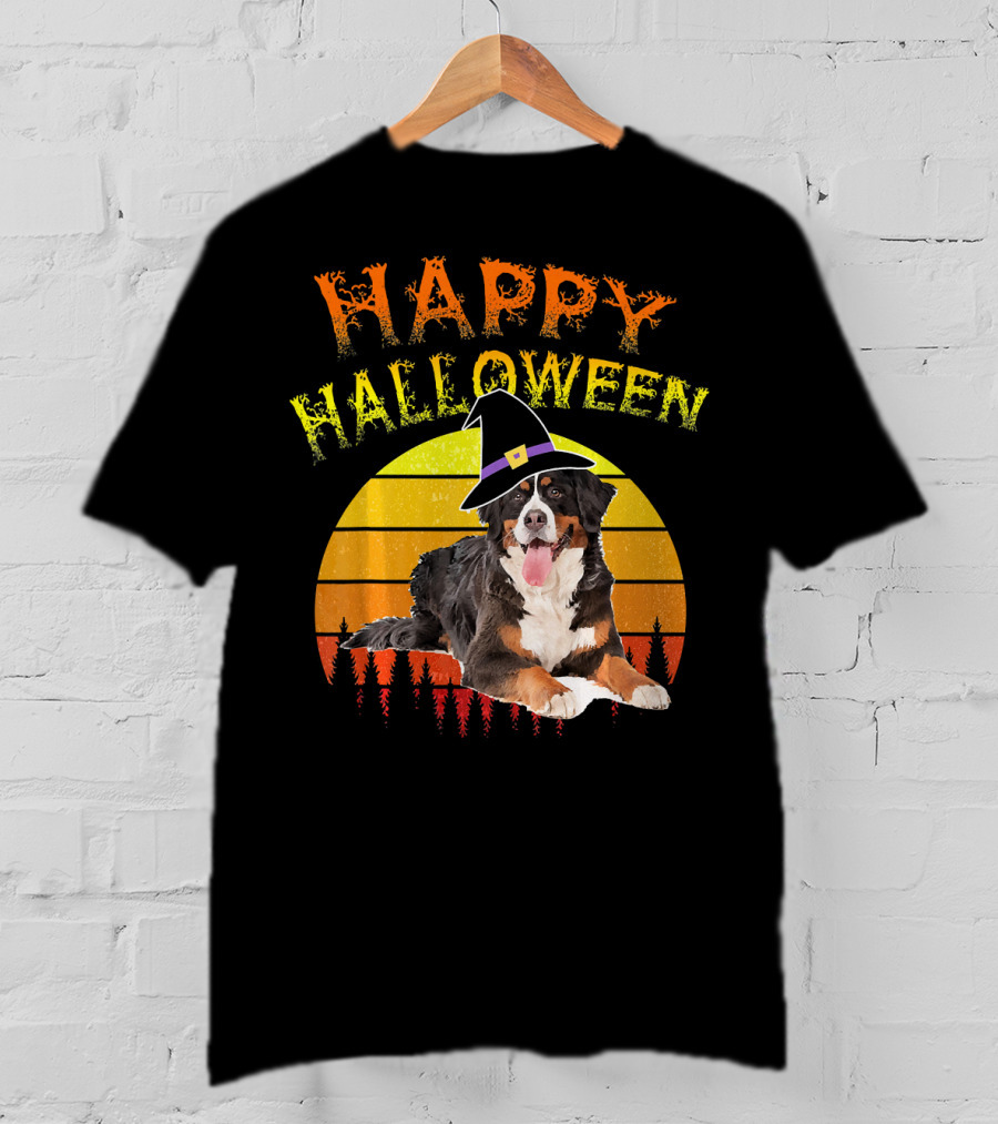 Happy Halloween Bernese Mountain Dog Lover Witch Hat Sunset T-Shirt