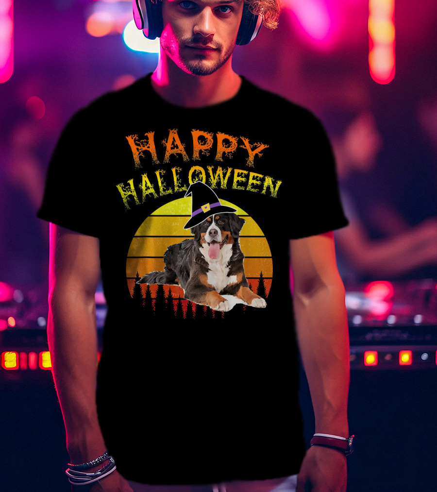 Happy Halloween Bernese Mountain Dog Lover Witch Hat Sunset T-Shirt