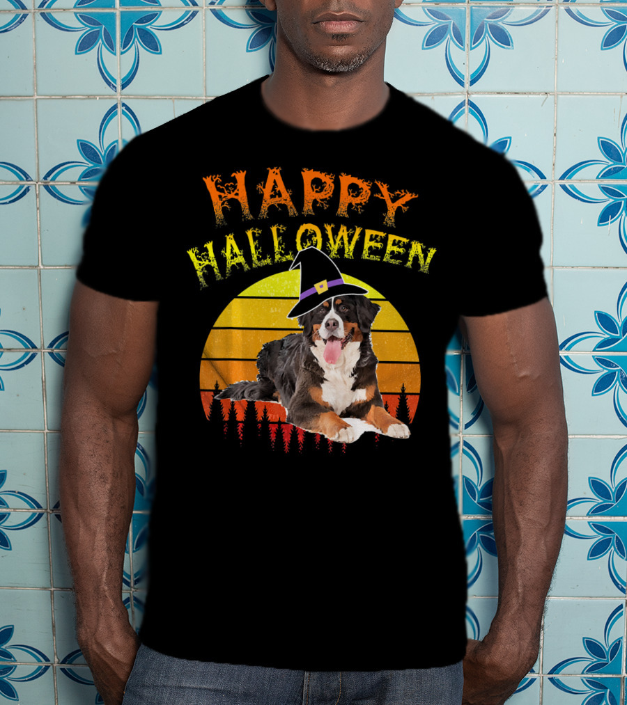 Happy Halloween Bernese Mountain Dog Lover Witch Hat Sunset T-Shirt