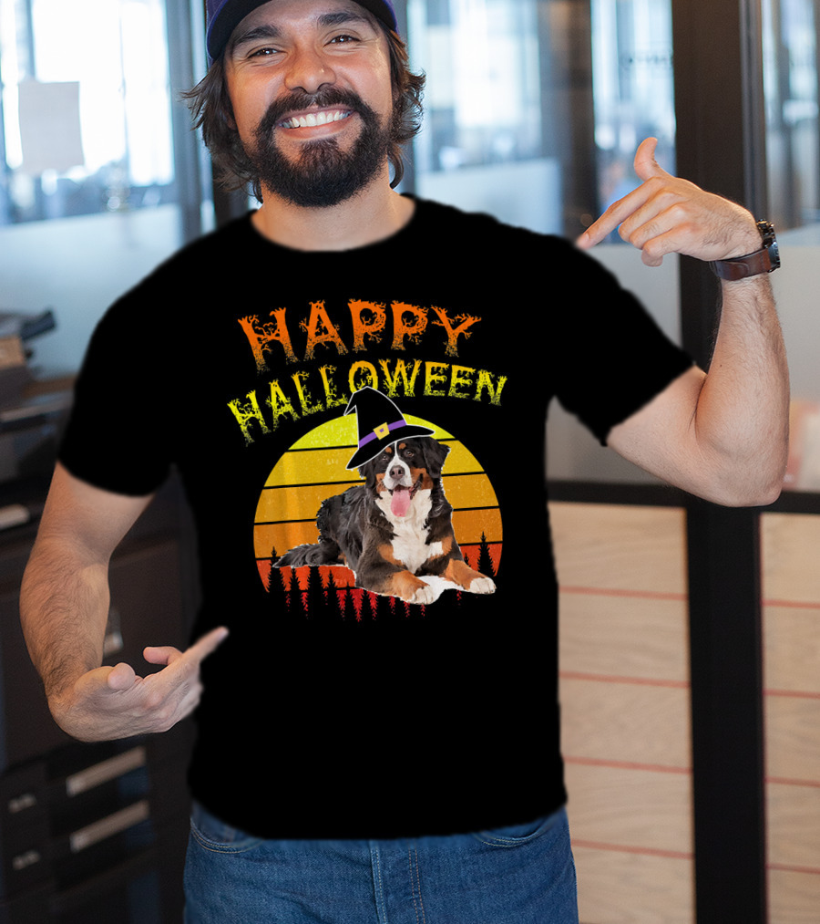 Happy Halloween Bernese Mountain Dog Lover Witch Hat Sunset T-Shirt
