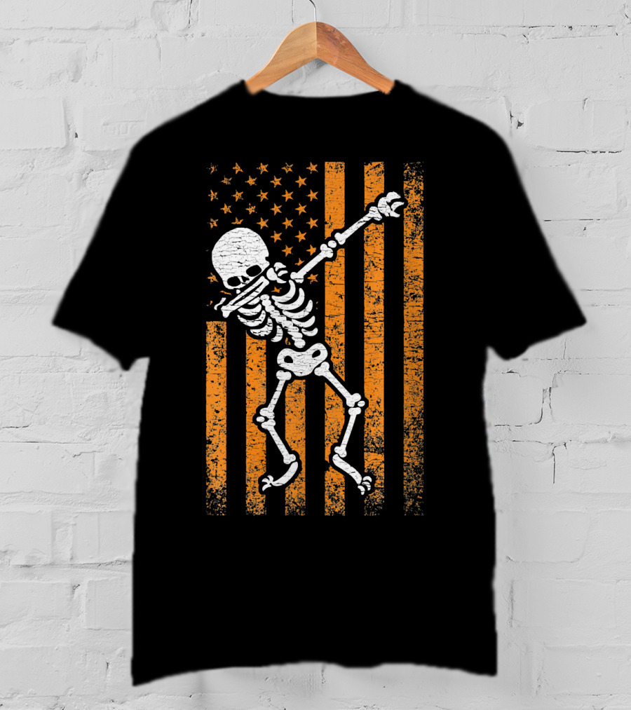 Halloween Dabbing Skeleton American Flag Retro Style Icons T-Shirt