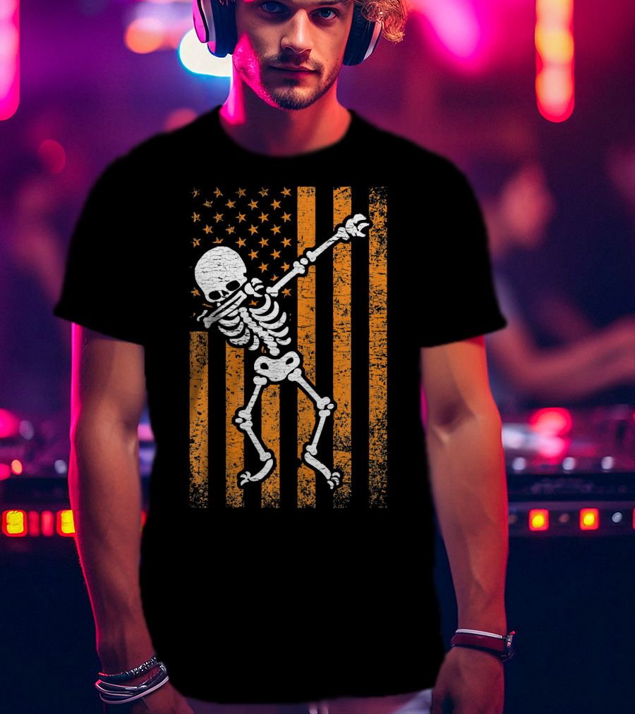 Halloween Dabbing Skeleton American Flag Retro Style Icons T-Shirt