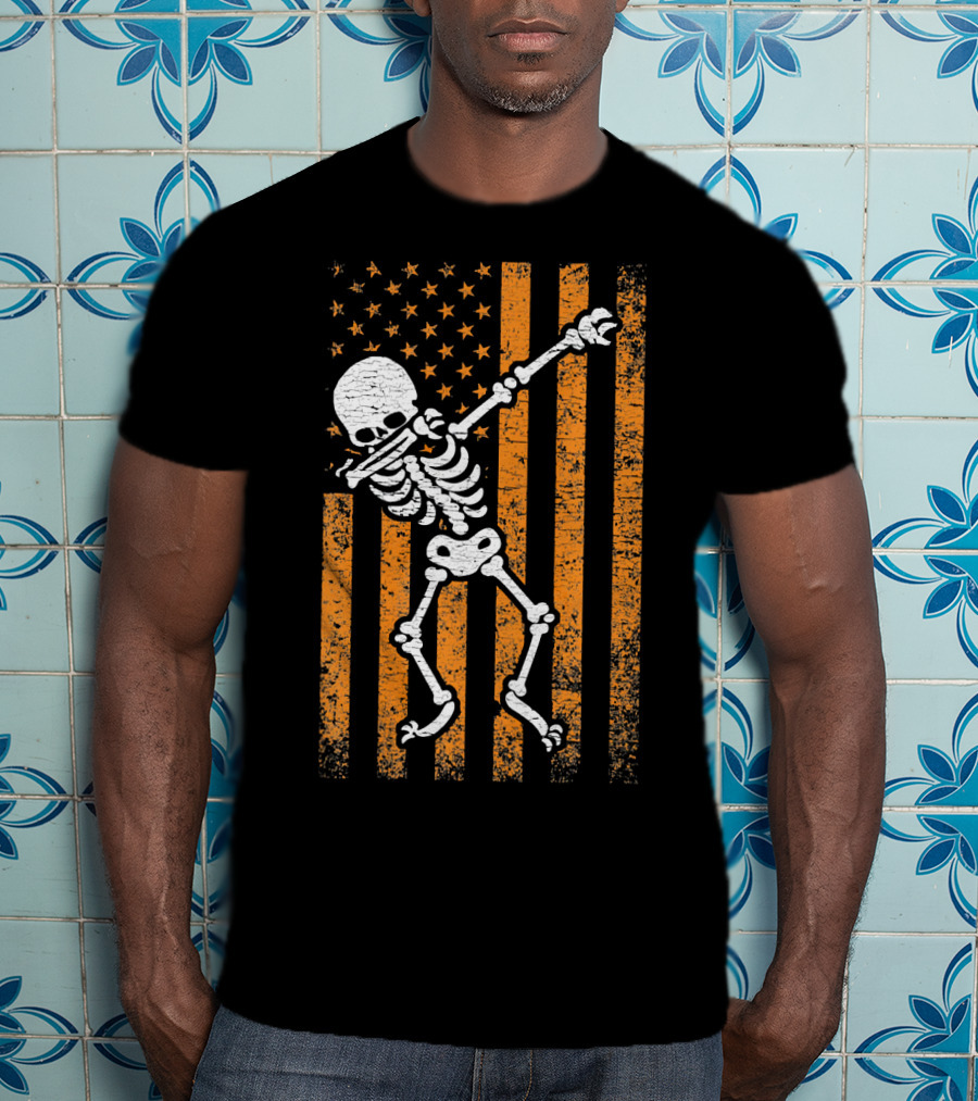 Halloween Dabbing Skeleton American Flag Retro Style Icons T-Shirt
