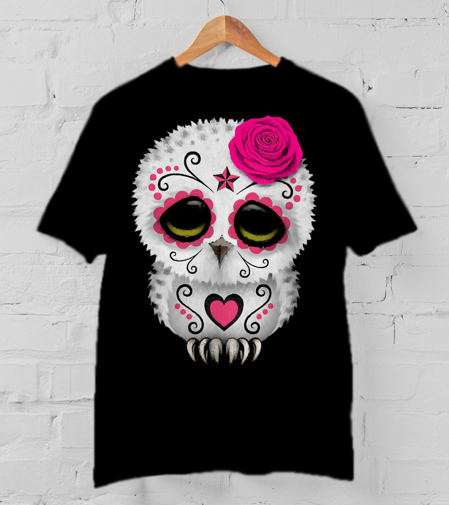 Owl Sugar Skull With Pink Rose And Heart Motif T-Shirt