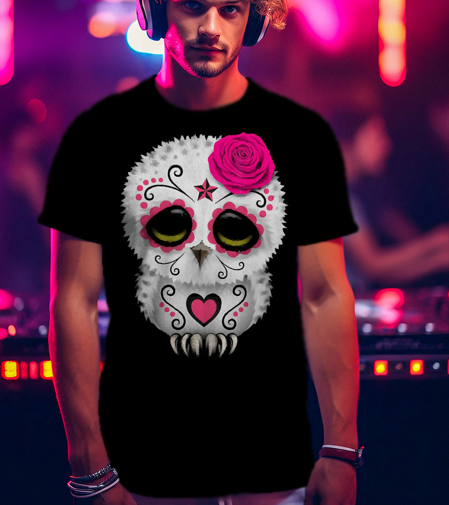 Owl Sugar Skull With Pink Rose And Heart Motif T-Shirt