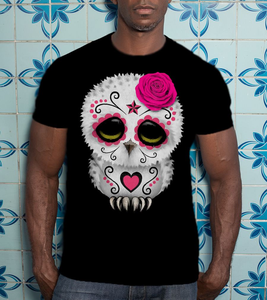 Owl Sugar Skull With Pink Rose And Heart Motif T-Shirt