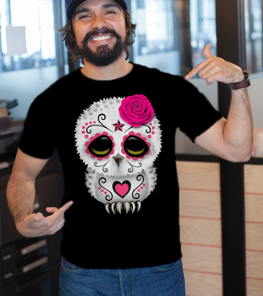 Owl Sugar Skull With Pink Rose And Heart Motif T-Shirt
