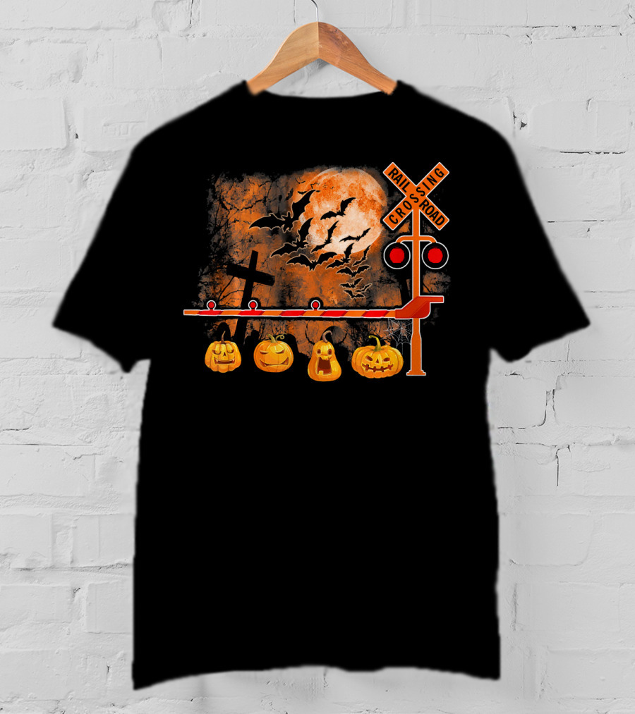 Halloween Railroad Crossing Sign With Pumpkins And Bats T-Shirt