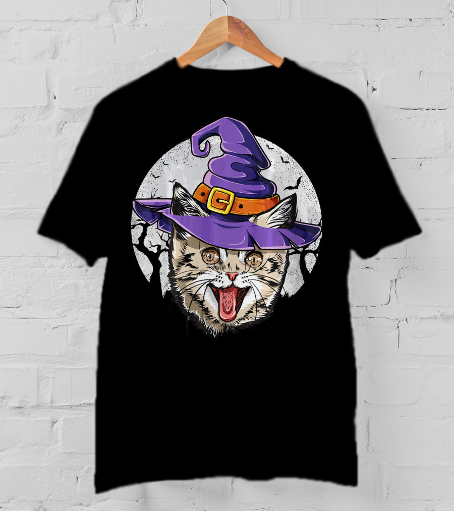 Funny Halloween Witch Cat With Purple Hat And Moon Background T-Shirt