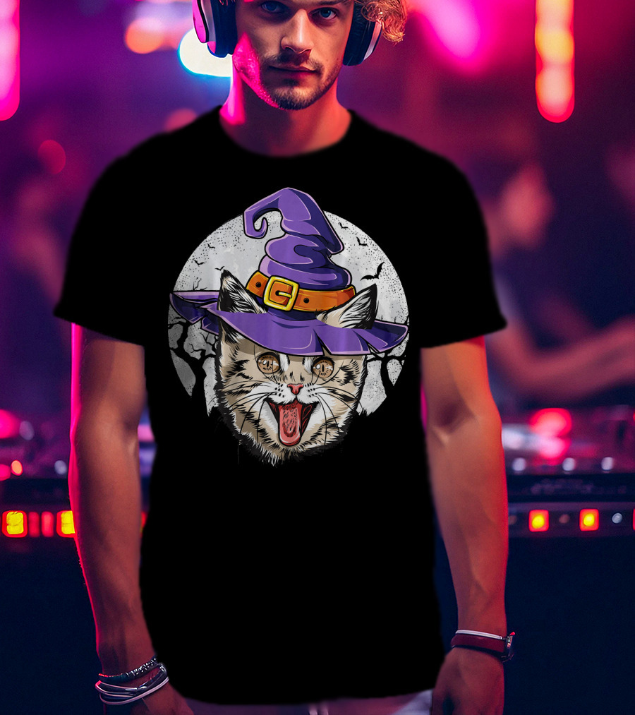 Funny Halloween Witch Cat With Purple Hat And Moon Background T-Shirt