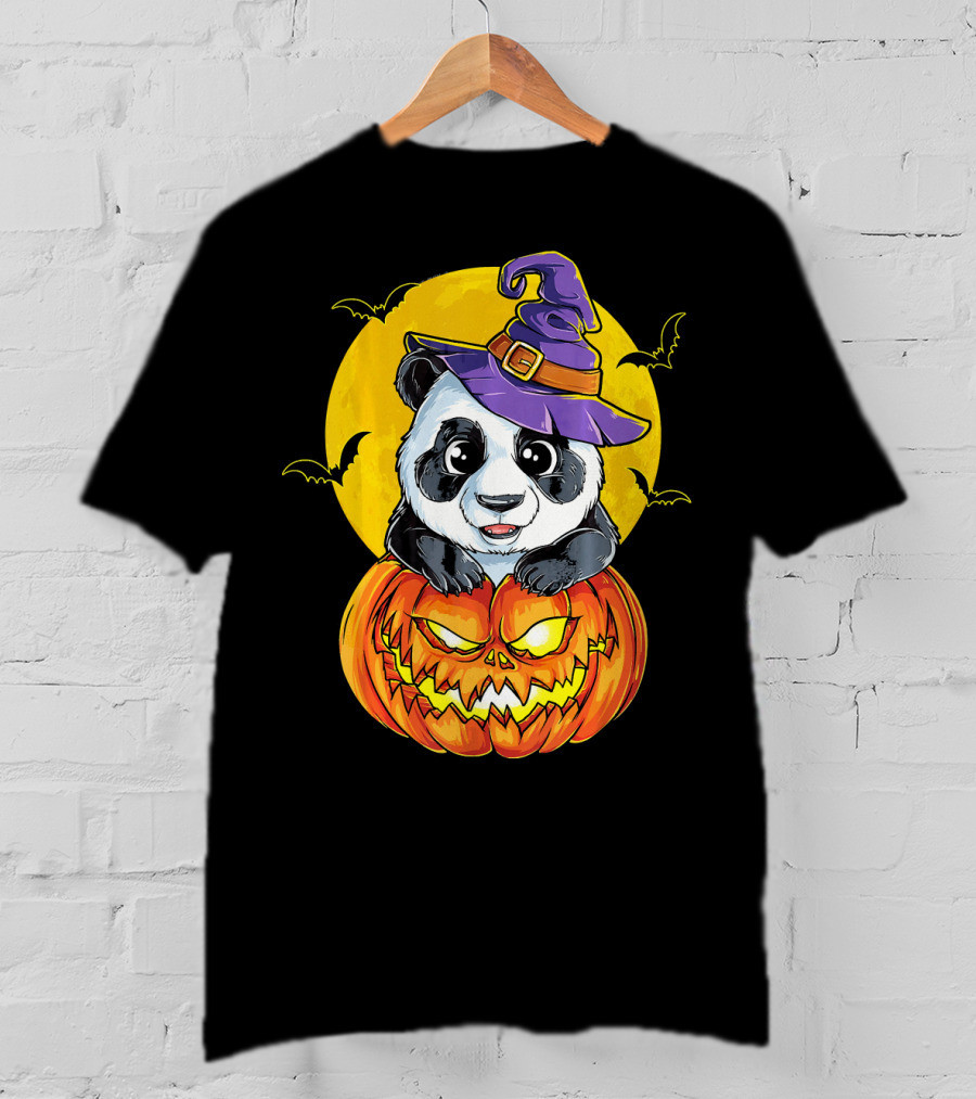 Panda Witch Halloween Pumpkin Moon Bats T-Shirt