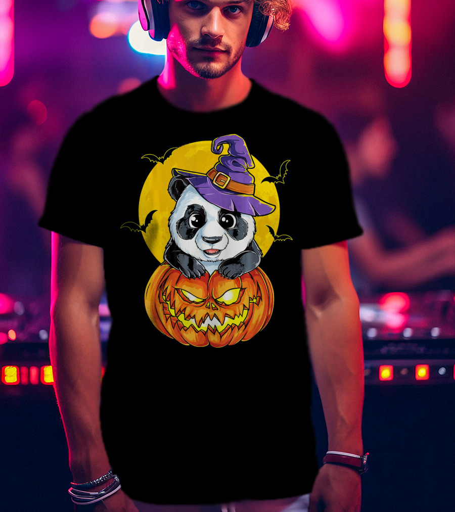 Panda Witch Halloween Pumpkin Moon Bats T-Shirt