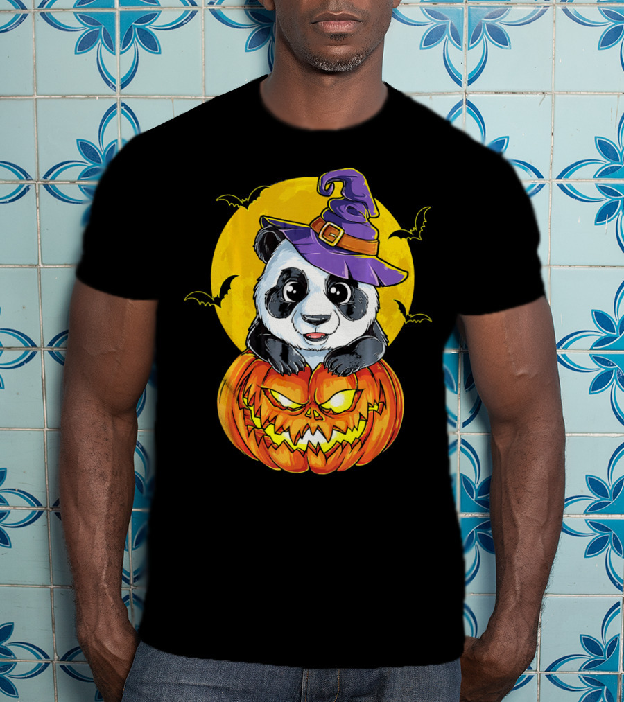 Panda Witch Halloween Pumpkin Moon Bats T-Shirt