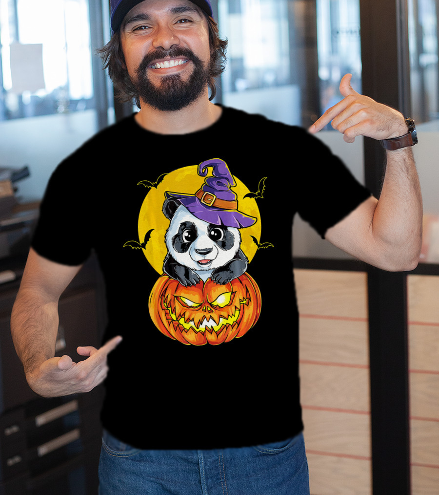 Panda Witch Halloween Pumpkin Moon Bats T-Shirt