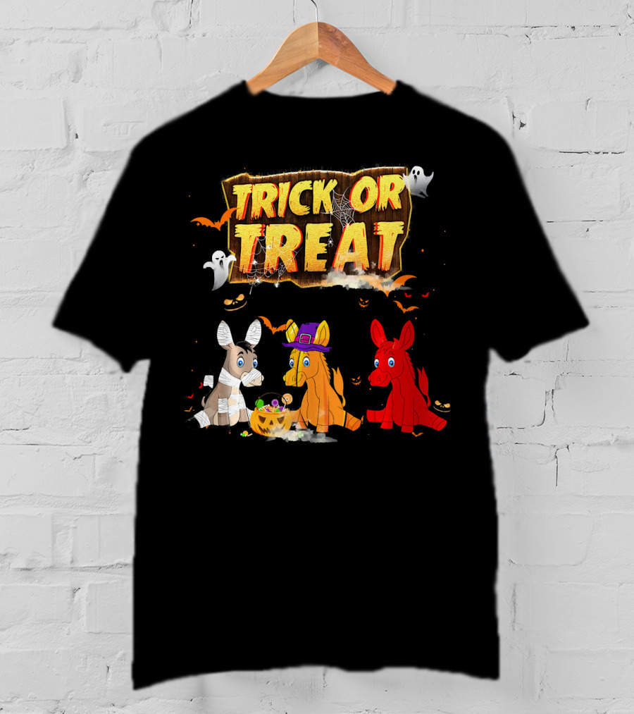 Trick Or Treat Three Donkeys Halloween Candy Pumpkins Ghosts T-Shirt