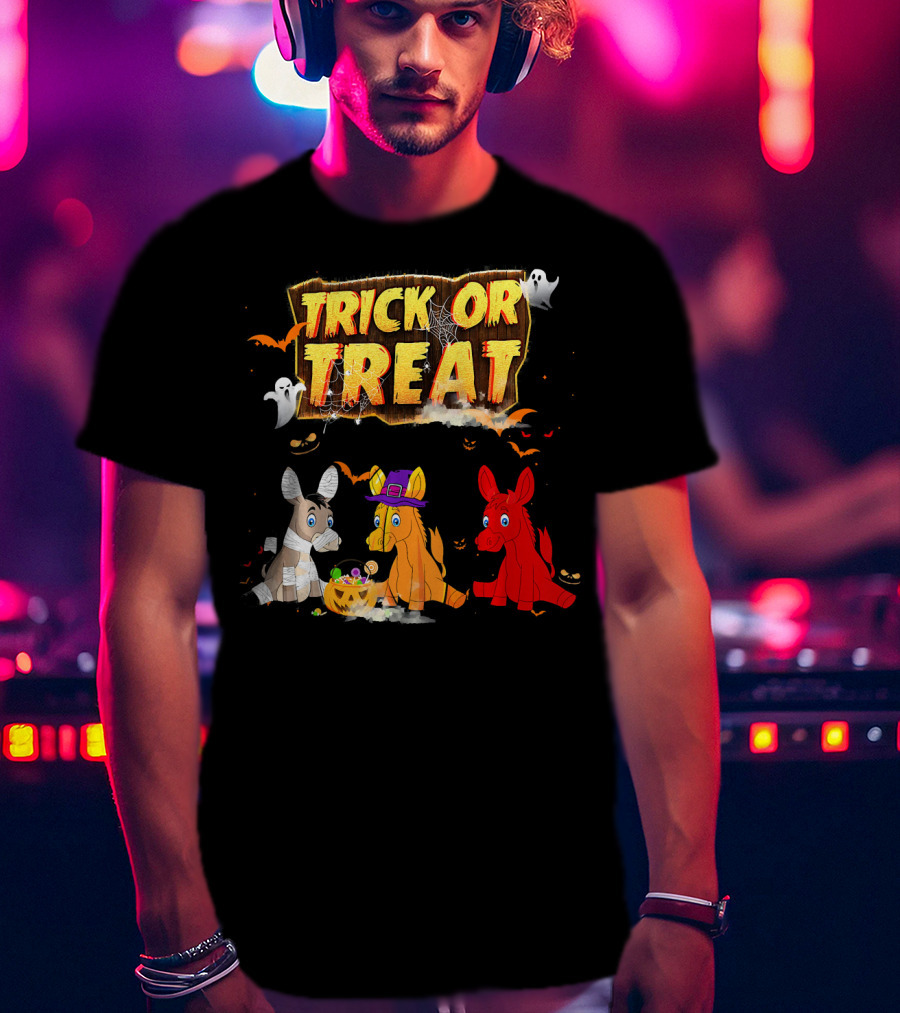 Trick Or Treat Three Donkeys Halloween Candy Pumpkins Ghosts T-Shirt