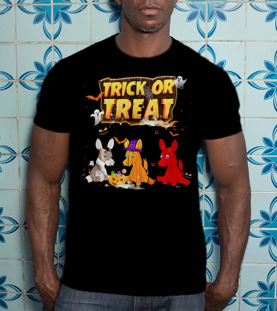 Trick Or Treat Three Donkeys Halloween Candy Pumpkins Ghosts T-Shirt