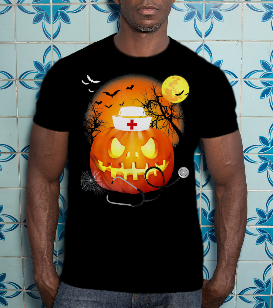 Nurse Halloween Pumpkin With Stethoscope And Bats T-Shirt