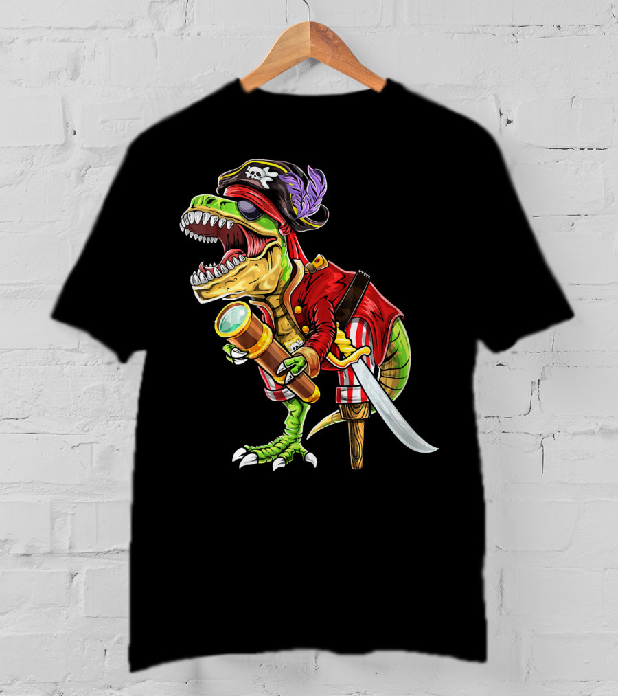 Pirate Dinosaur With Telescope And Peg Leg In Halloween Costume T-Shirt