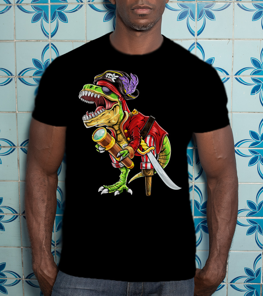 Pirate Dinosaur With Telescope And Peg Leg In Halloween Costume T-Shirt