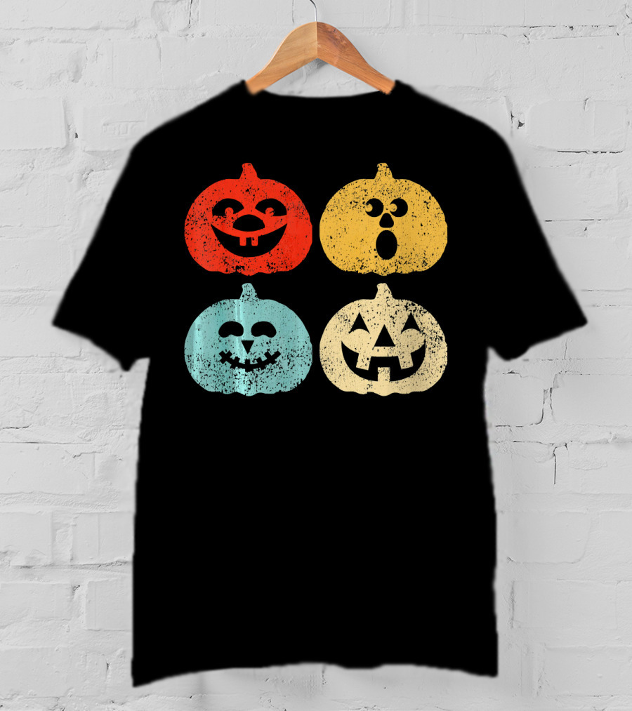 Vintage Halloween Pumpkin Women Retro Colorful Jack-O'-Lantern Faces T-Shirt