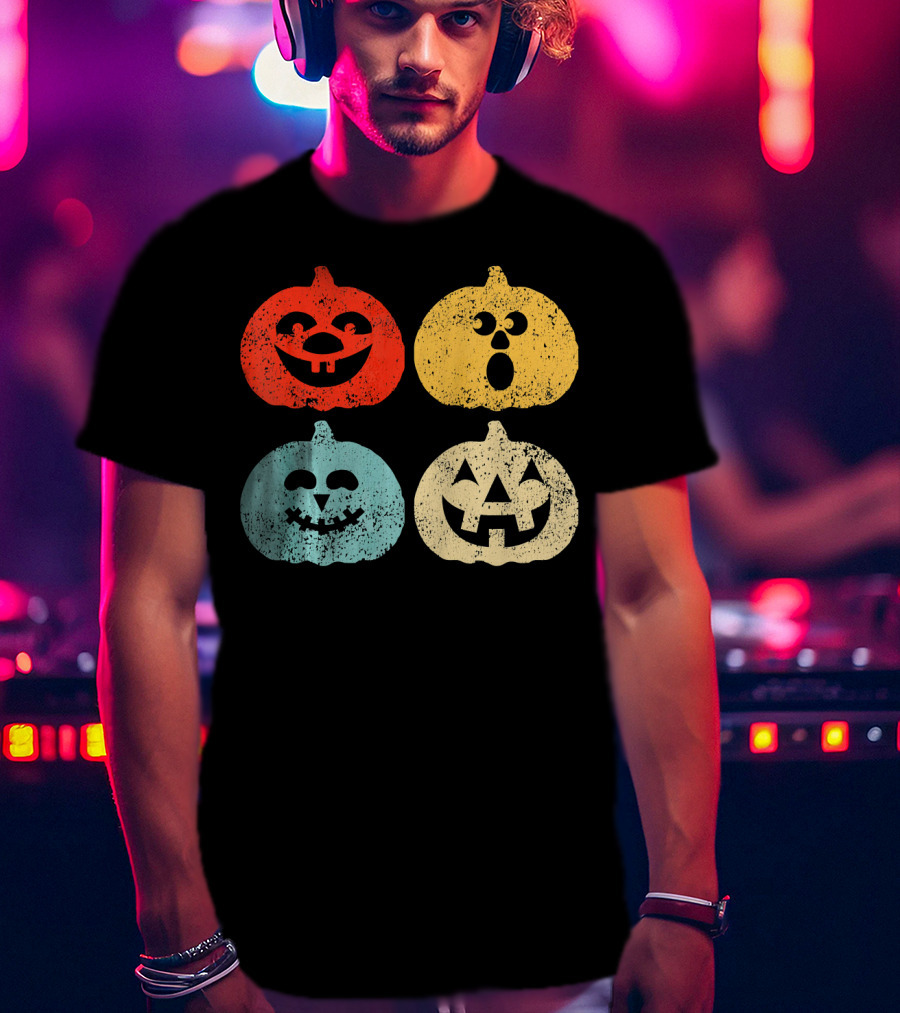 Vintage Halloween Pumpkin Women Retro Colorful Jack-O'-Lantern Faces T-Shirt