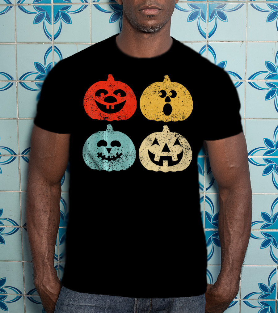 Vintage Halloween Pumpkin Women Retro Colorful Jack-O'-Lantern Faces T-Shirt