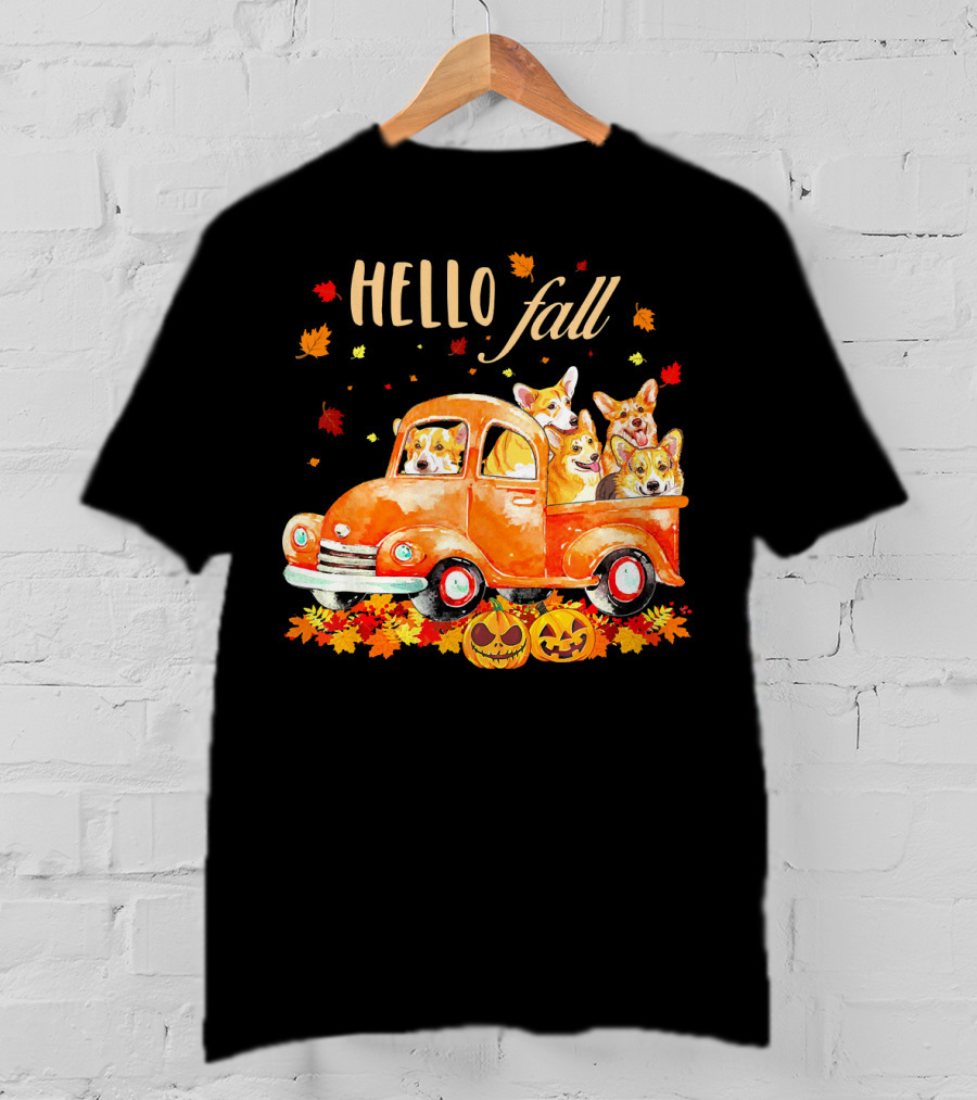 Hello Fall Corgis In Pumpkin Truck With Autumn Leaves And Jack-O'-Lanterns T-Shirt