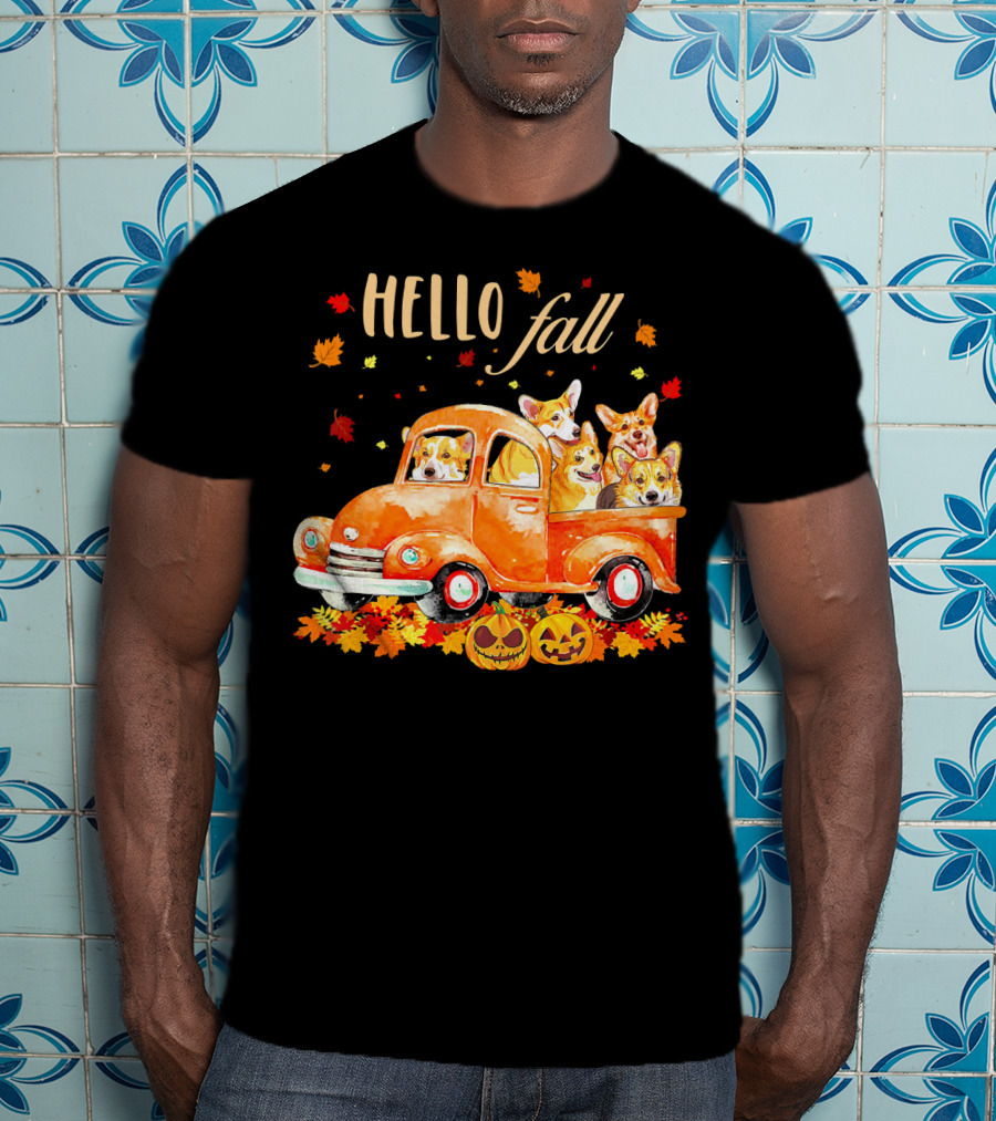 Hello Fall Corgis In Pumpkin Truck With Autumn Leaves And Jack-O'-Lanterns T-Shirt