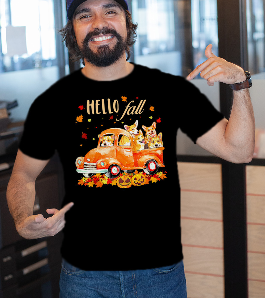 Hello Fall Corgis In Pumpkin Truck With Autumn Leaves And Jack-O'-Lanterns T-Shirt