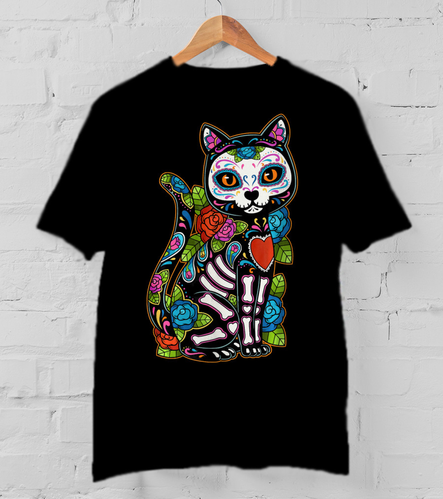 Cat Sugar Skull Calavera Mexico Dia De T-Shirt