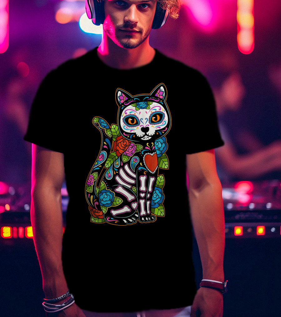Cat Sugar Skull Calavera Mexico Dia De T-Shirt