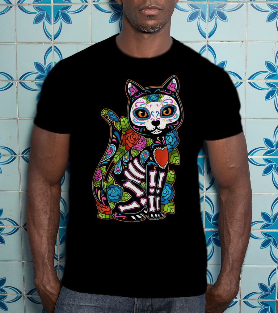 Cat Sugar Skull Calavera Mexico Dia De T-Shirt