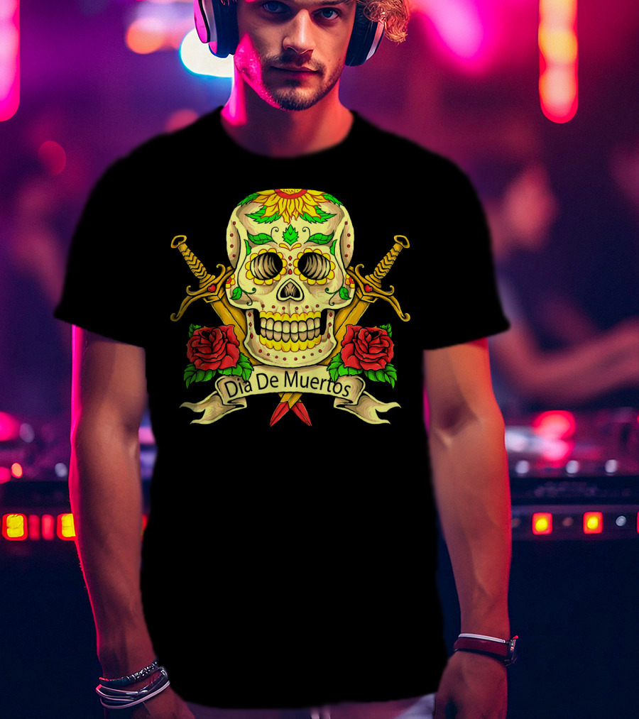 Dia De Muertos Skull With Roses And Swords Celebrating Day Of The Dead T-Shirt