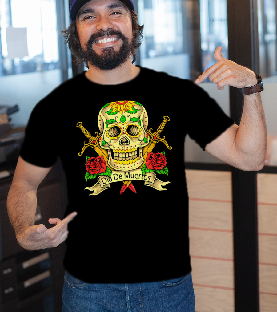 Dia De Muertos Skull With Roses And Swords Celebrating Day Of The Dead T-Shirt