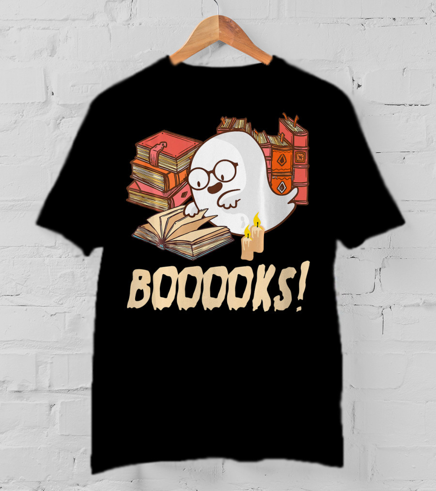 BOOOOKS Cute Reading Boo Ghost With Stacks Of Books And Candles T-Shirt