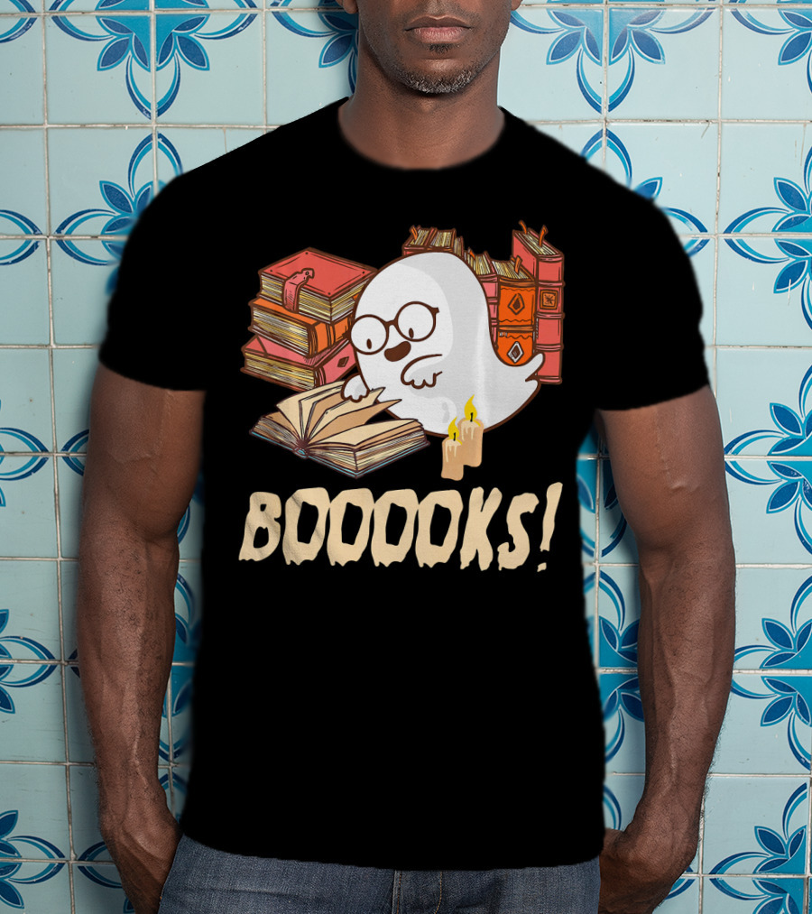 BOOOOKS Cute Reading Boo Ghost With Stacks Of Books And Candles T-Shirt