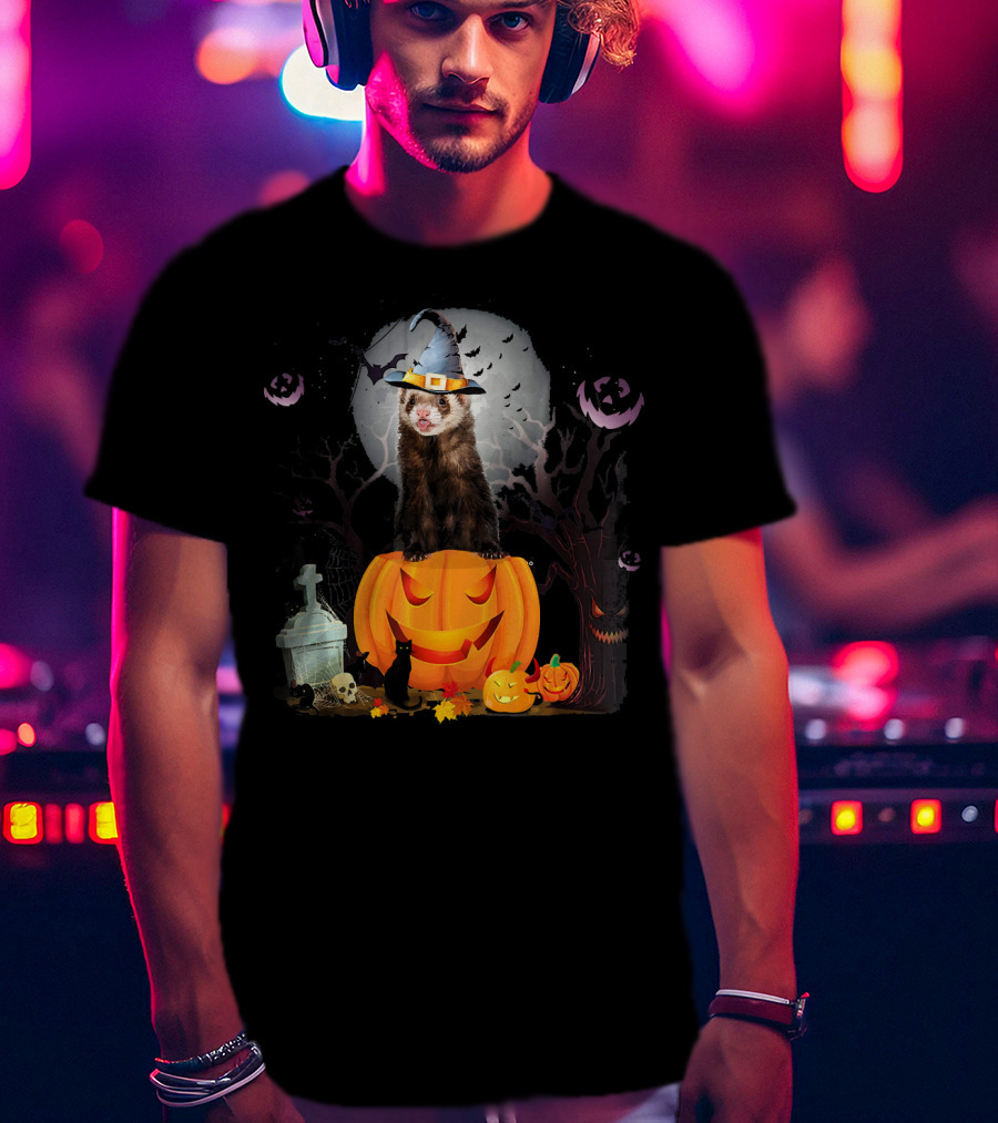 Funny Halloween Ferret With Pumpkin And Witch Hat T-Shirt