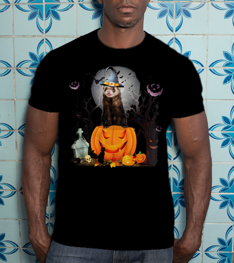 Funny Halloween Ferret With Pumpkin And Witch Hat T-Shirt