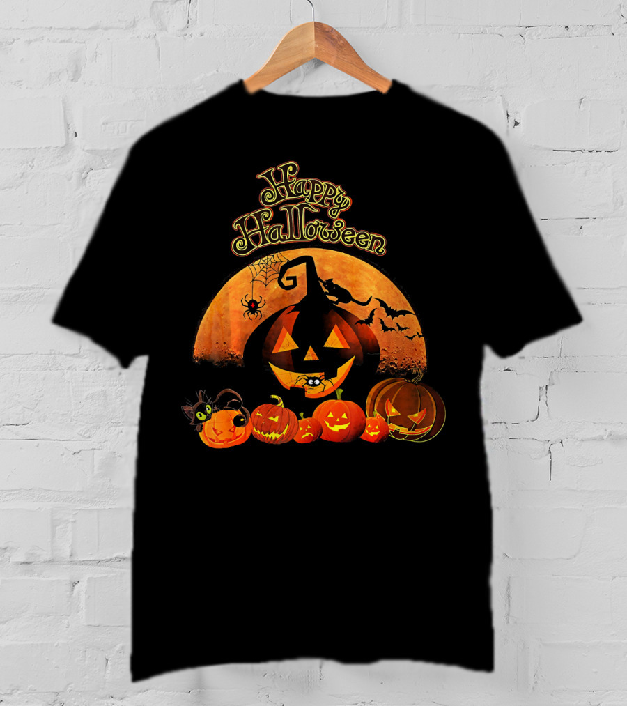 Happy Halloween Pumpkin Black Cat Witch Spider Bats T-Shirt